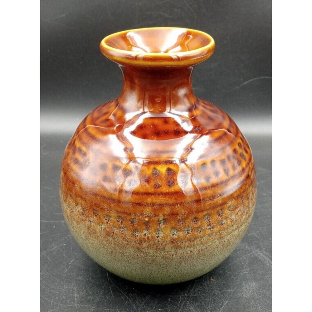Vtg Rare Earth Tones‎ Stoneware Pottery Flower Bud Vase Glazed Green & Brown